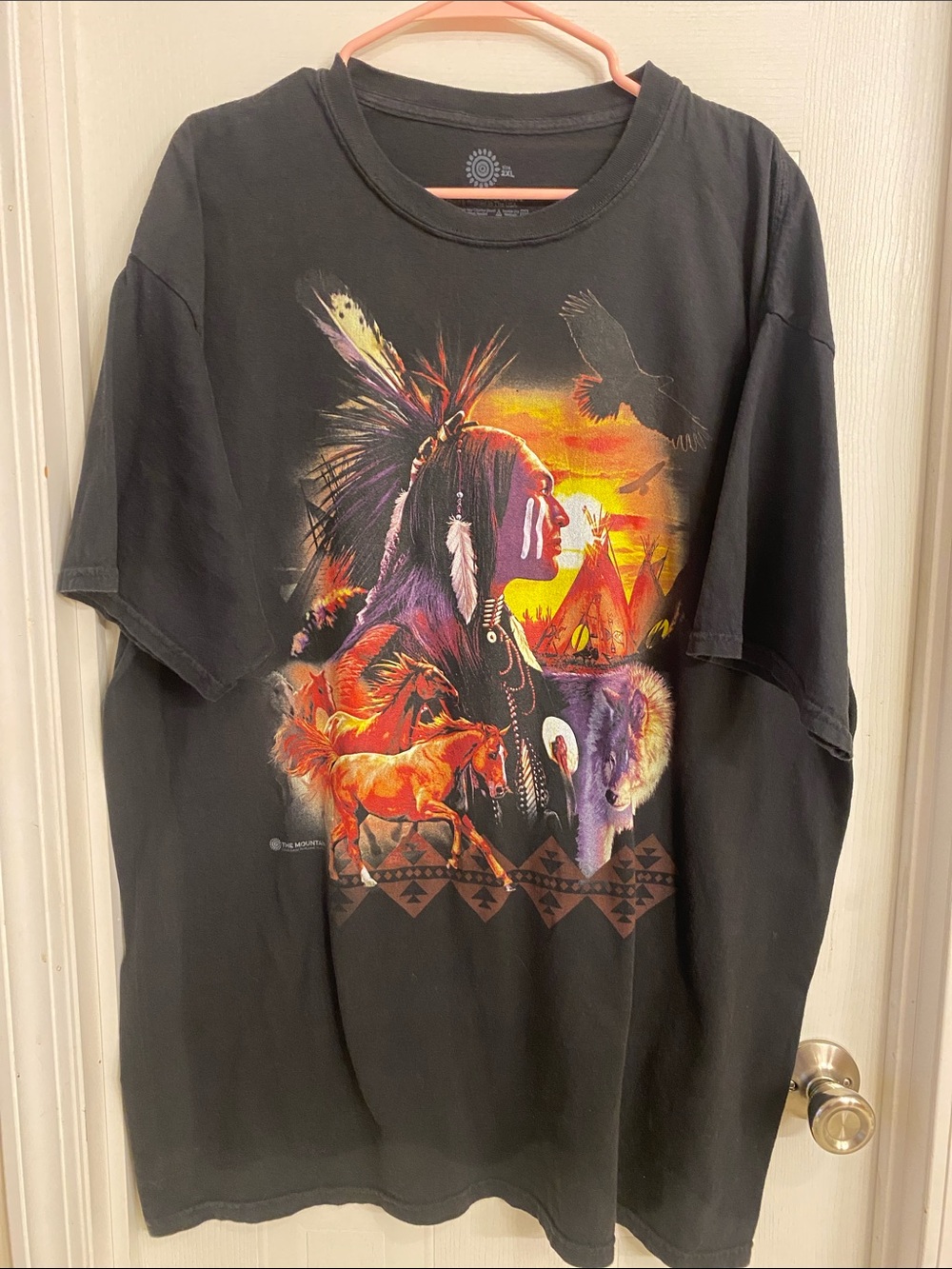 The Mountain Black Tee with Vibrant Native-Inspired Sunset Graphic